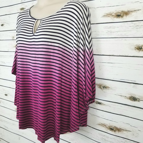 OSO Casuals Tops - 2X Striped Blue Purple Keyhole Kimono Sleeves